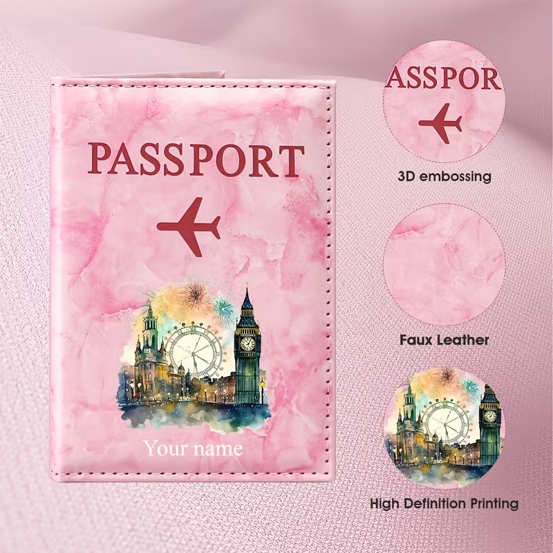 Travel Accessories London - ที่ใส่พาสปอร์ตสไตล์ศิลปะสีน้ำสถานที่สำคัญของลอนดอนพร้อมชื่อแบบกำหนดเอง ผสมผสานองค์ประกอบสถาปัตยกรรมคลาสสิกของบิ๊กเบน