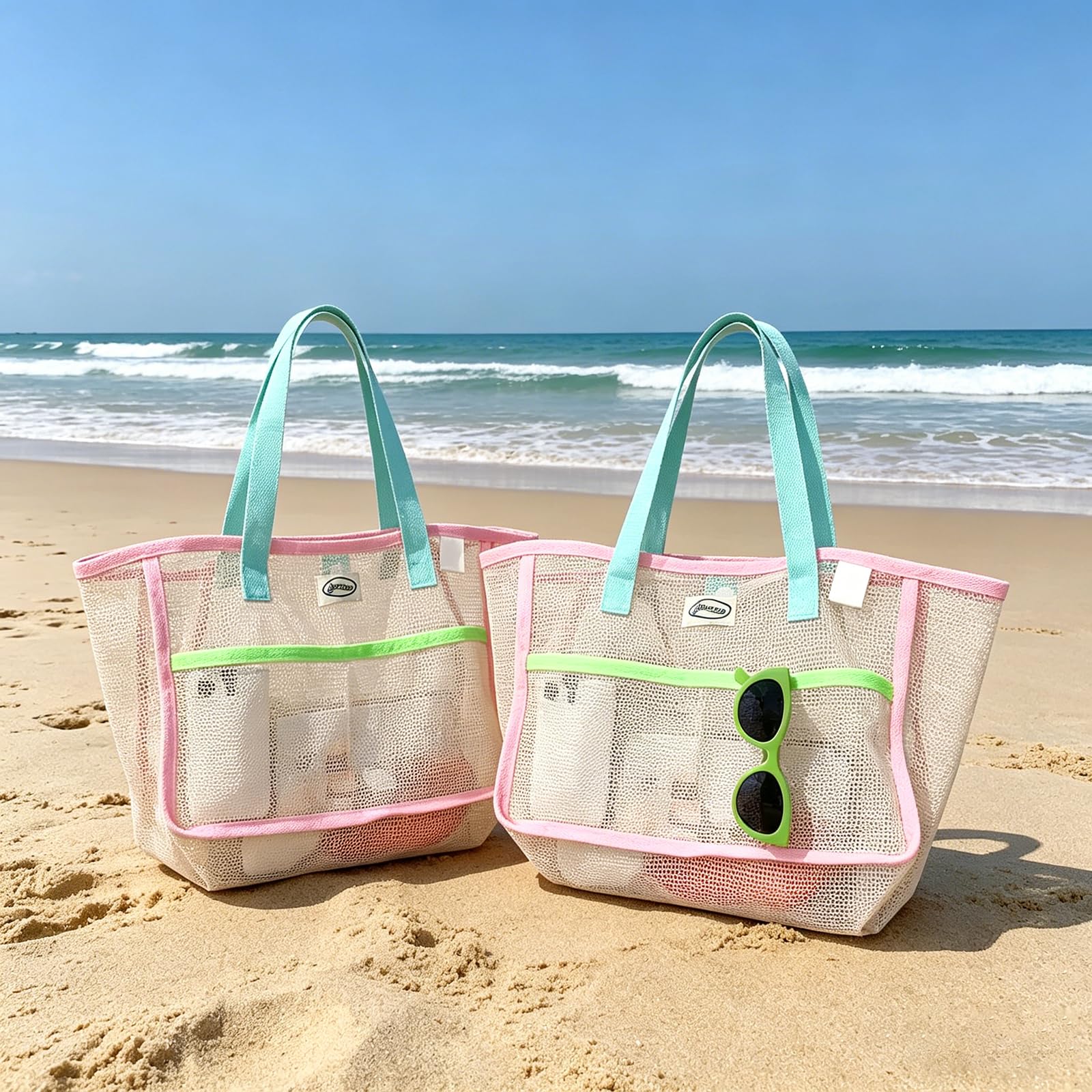 Travel Accessories Us - กระเป๋าชายหาดสำหรับผู้หญิง กระเป๋าตาข่ายพับได้หลากสี กระเป๋าใส่ทราย กระเป๋าเดินทาง กระเป๋าเก็บของสำหรับสระว่ายน้ำ สำหรับอุปกรณ์ชายหาด