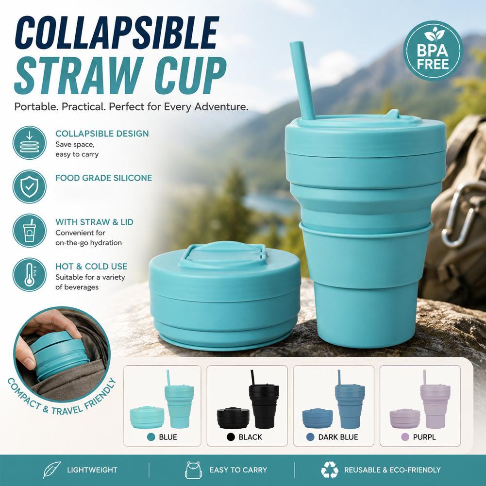 Water Bottle Collapsible - ถ้วยกาแฟซิลิโคนพับได้พร้อมฝาปิดหลอด 12 ออนซ์ แก้วน้ำพับได้ ภาชนะใส่เครื่องดื่มแบบพกพาสำหรับการเดินทาง ปิกนิก