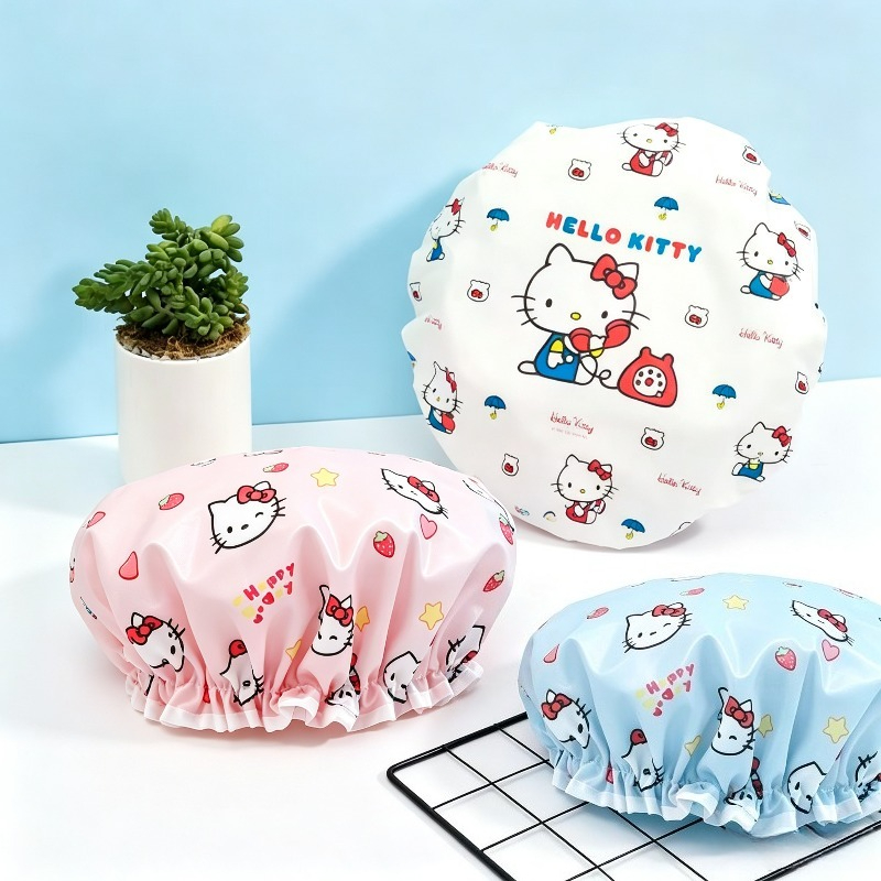 Travel Accessories Japan - เฮลโล คิตตี้หมวกอาบน้ำกันน้ำสองชั้นพิมพ์ลายการ์ตูนน่ารักหมวกอาบน้ำแบบใช้ซ้ำได้แชมพูสำหรับผู้หญิงของขวัญสำหรับการเดินทางทุกวัน