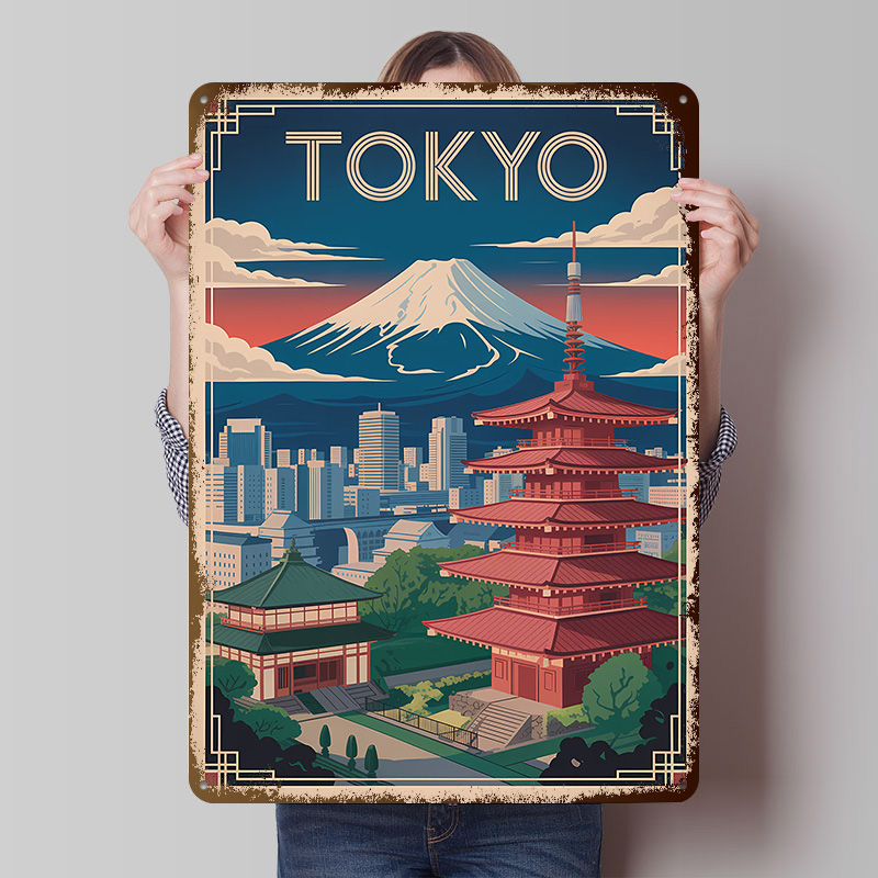 Travel Accessories For Europe - โปสเตอร์โลหะลายท่องเที่ยวโตเกียวพร้อมภูเขาไฟฟูจิ งานศิลปะติดผนังแบบกำหนดเอง ป้ายโลหะวินเทจย้อนยุค สำหรับตกแต่งห้องแมนเคฟ ร้านกาแฟ และอุปกรณ์ตกแต่ง