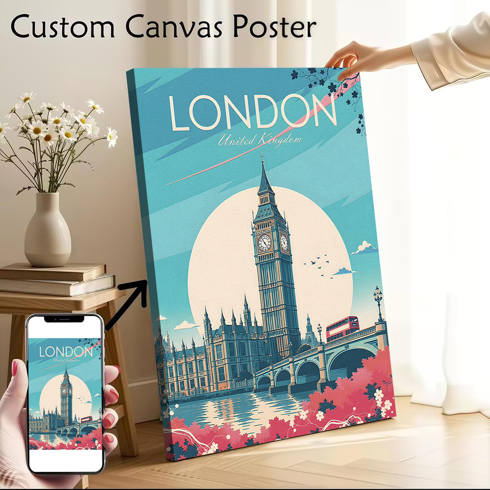 Travel Accessories London - โปสเตอร์ผ้าใบลายการเดินทางลอนดอน ศิลปะติดผนัง ภาพพิมพ์คุณภาพสูงที่ปรับแต่งได้ สำหรับของตกแต่งบ้านแบบพิเศษและมีธีม