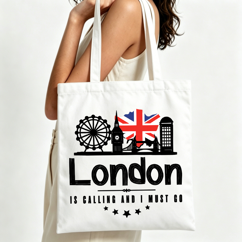 Travel Accessories London - กระเป๋าผ้าแคนวาสพิมพ์ลายธงชาติและทิวทัศน์ลอนดอนสำหรับผู้หญิง สไตล์ลำลองสำหรับการช้อปปิ้งและการเดินทางในชีวิตประจำวัน